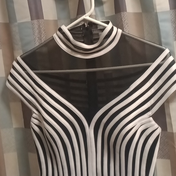 NWT JS COLLECTIONS black/white striped meshed blouse w 22" zipper . Size 6 - Picture 2 of 9